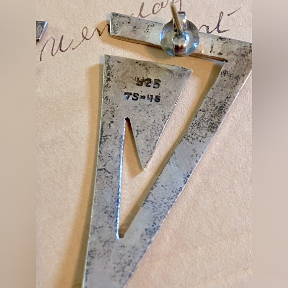 Large Vintage Sterling Silver Taxco Geometric Triangle Pierced Earrings TS-45 - Picture 6 of 11